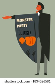 Invitation to monster party, celebrating halloween holiday in october 31. Trick or treat, character wearing vampire costume showing date. Zombies hands and skull, spooky vector in flat style