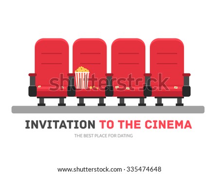 An invitation to the movie in flat design background concept. Armchairs cinema with popcorn. Icons for your product or illustration, web and mobile applications