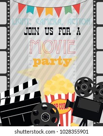 Invitation for Movie party, Hollywood party poster. Cinema poster. Vector illustration