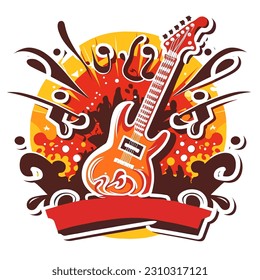 Invitation to the music club. DJ template. Guitar solo. Cartoon illustration. white background, label, sticker