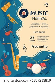 Invitation to a music festival. Musical instruments. Violin, cello, drum, cymbals, saxophone bagpipes Vector illustration