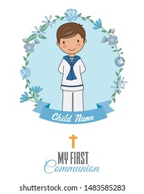 Invitation my first communion. Boy inside a flower frame