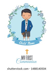 Invitation my first communion. Boy inside a flower frame