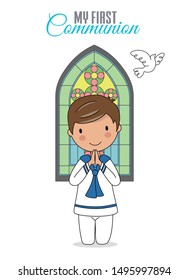 Invitation my first communion. Boy praying with church window behind