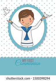 Invitation my first communion. Boy with pigeons