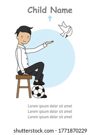 Invitation my first communion boy. Boy with white dove. Isolated vector