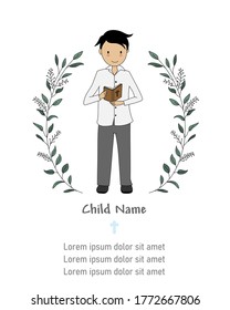 Invitation my first communion. Boy reading the bible. Isolated vector