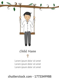 Invitation my first communion. Boy on a swing. Isolated vector