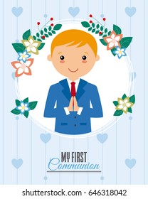 Invitation my first communion. Boy praying inside a flower frame
