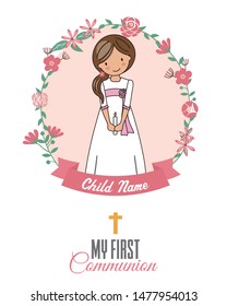 Invitation my first communion. Girl inside a flower frame