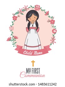 Invitation my first communion. Girl inside a flower frame