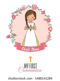 Invitation my first communion. Girl inside a flower frame