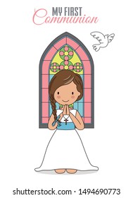 Invitation my first communion. Girl praying with church window behind