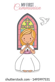 Invitation my first communion. Girl praying with church window behind