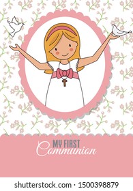 Invitation my first communion. Girl with pigeons