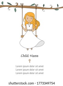 Invitation my first communion. Girl on a swing. Isolated vector