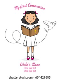 Invitation my first communion. Girl with dove.