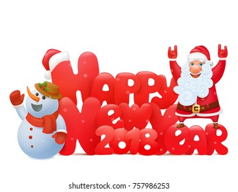 Invitation new year card template with santa claus and snowman cartoon characters. Vector illustration