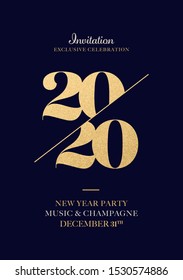 Invitation for New Year Eve 2020 Celebration. Gold Foil 2020 Numbers. Elegance New Year Greeting Card Artwork.