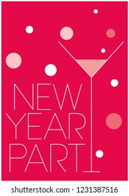 Invitation for new year party with cocktail - hand drawn creative lettering on red background. Flat vector illustration for cards, posters, prints, invitations, flyers, seasonal design, decoration.