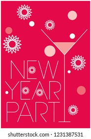 Invitation for new year party with cocktail - hand drawn stylish lettering on red background. Flat vector illustration for postcards, posters, prints, flyers, invitations, seasonal design, decoration.