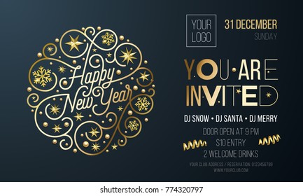 Invitation for New Year party of golden decoration for holiday event card or poster design template. Vector calligraphy lettering, gold snowflake decoration on black Xmas party background