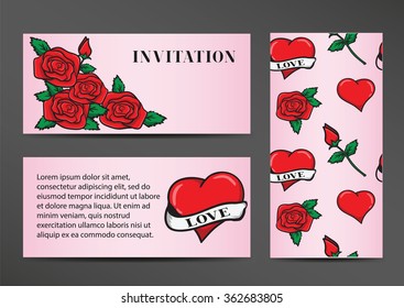 Invitation in the old school style. Design with hearts and roses. Template cards for the Wedding and Valentines Day
