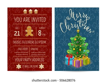 Invitation on Christmas party with date and time. Wrapped gifts near decorated toys Christmas tree, gingerbread cookies cartoon vectors. 