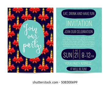 Invitation on Christmas party with date, time and address. Inflamed stripped candles on ribbon bow cartoon vectors. 
