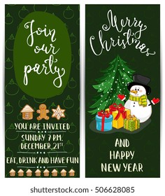 Invitation on Christmas party layout. Christmas tree and Christmas snowman cartoon vectors.