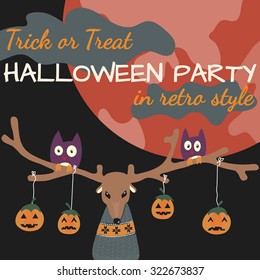 Invitation on Halloween party in retro style with deer, owls and pumpkins.