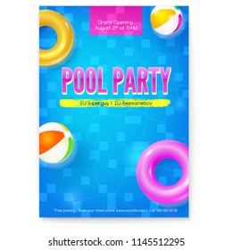 Invitation on summer party in swimming pool. Poster with design of text. Top view on pool with blue water inflatable balls and circles. Vector template for leaflets. Template for leaflets, banners.