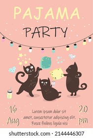 Invitation to a pajama party, 3 cats frolic, pillow fight, hearts, cocktails, stars, garland.