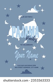 An invitation to a pajama party, against the background of a blue sky with stars, three white pillows and feathers.