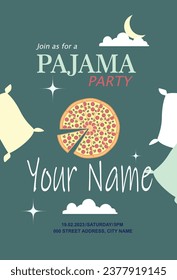 Invitation to a pajama party, with friends, pillows, clouds, and pizza.