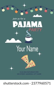 Invitation to a pajama party, a garland of colored lights, clouds in the night sky, a cup of hot tea and pizza.