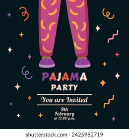 Invitación a una fiesta de pijamas. Piernas en pijama en estilo plano de moda. Ilustración vectorial. Cartel de celebración. Dormir. Ropa de noche. Día Internacional del Pijama. 21 de julio. Relajación de vacaciones. Zapatillas.