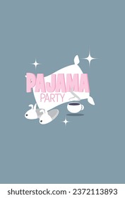 Invitation to a pajama party, pillow, slippers and a cup of hot tea.