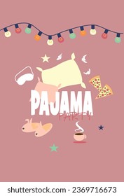 invitation to a pajama party, pillows, a garland of colored lights, a cup of hot tea, slippers, slices of pizza.
