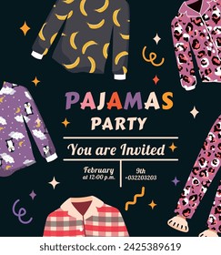 Invitación a una fiesta de pijamas en un estilo plano de moda. Ilustración vectorial. Colores vibrantes en el póster. Pijama y ropa de dormir. Camisa y pantalones. Zapatillas. Plantilla para edición.  Piernas. Luminoso y moderno