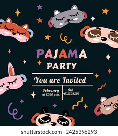 Invitation to a pajama party in a trendy flat style. Pajamas and sleepwear. Slumber. Shirt and pants. Sports suit. Slippers. A pair of legs. Overnight. Children's holiday. Nightwear. Mask for sleep.