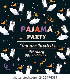 Invitación a una fiesta de pijamas en un estilo plano de moda. Pingüinos en estilo dibujado a mano. Pijama y ropa de dormir. Dormir. Camisa y pantalones. Zapatillas. Un par de piernas. Alojamiento. Ropa de noche. Máscara para dormir.