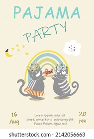 An invitation to a pajama party, two cats are holding a cake, against the backdrop of a rainbow, a cloud, stars with a crescent moon, sleep masks.