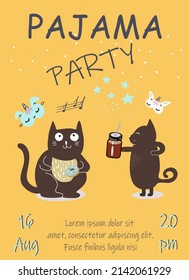 An invitation to a pajama party, two cats, a fat cat holds a donut, another cat hands him a cocktail, sleep masks, stars, notes.