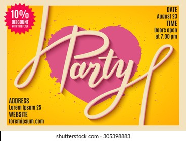 Invitation to party, banner, flyer, ticket, poster design with handwritten text. Vector illustration