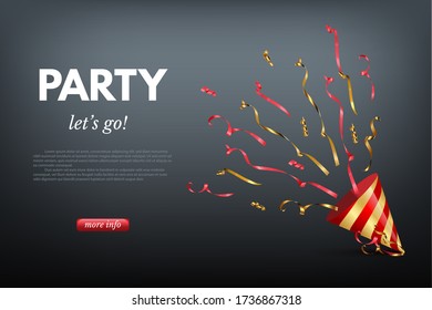 Invitation for party banner realistic dark design layout. Striped festive cap with flying out colorful serpentine. Birthday, seasonal office holiday, anniversary celebration organization service