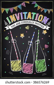 Invitation to the party with bottles of soda and confetti. Freehand drawing with imitation of chalk sketch 