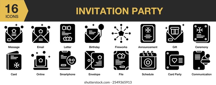 Invitation Party solid icon set. Includes email, message, letter, birthday, fireworks, envelope, card, online, and More. Solid icons vector collection.