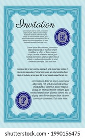 Invitation. Perfect design. With guilloche pattern and background. Vector illustration.  Light blue color.
