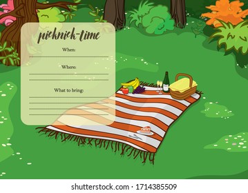 Invitation to a picknick pick nick Party in the Garden or near the forest in a field. The grass is rich green and the snacks are healthy and delightful. Fruits a cake and a champagne are seen blanket